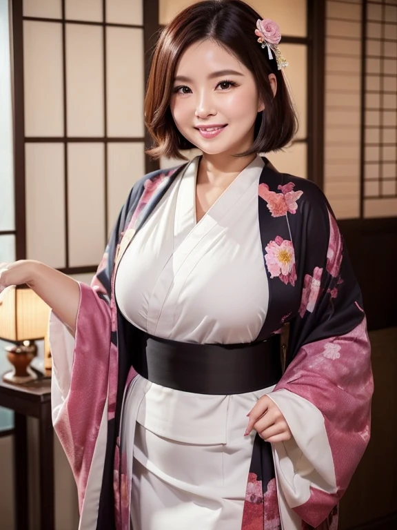 A beautiful and hot almost chubby mature woman.who is wearing a patterned kimono is and standing in 和室. A smiling face、Sexy woman、A radiant smile、adorable、Japanese beautiful design、Full-length mirror、Gorgeous long and beautiful hairstyle、variation Hairstyle、(flower:1.2)、Full body photo、((Japanese style))、1 person,  (((Super beautiful)))、(((kimono)))、Aunt