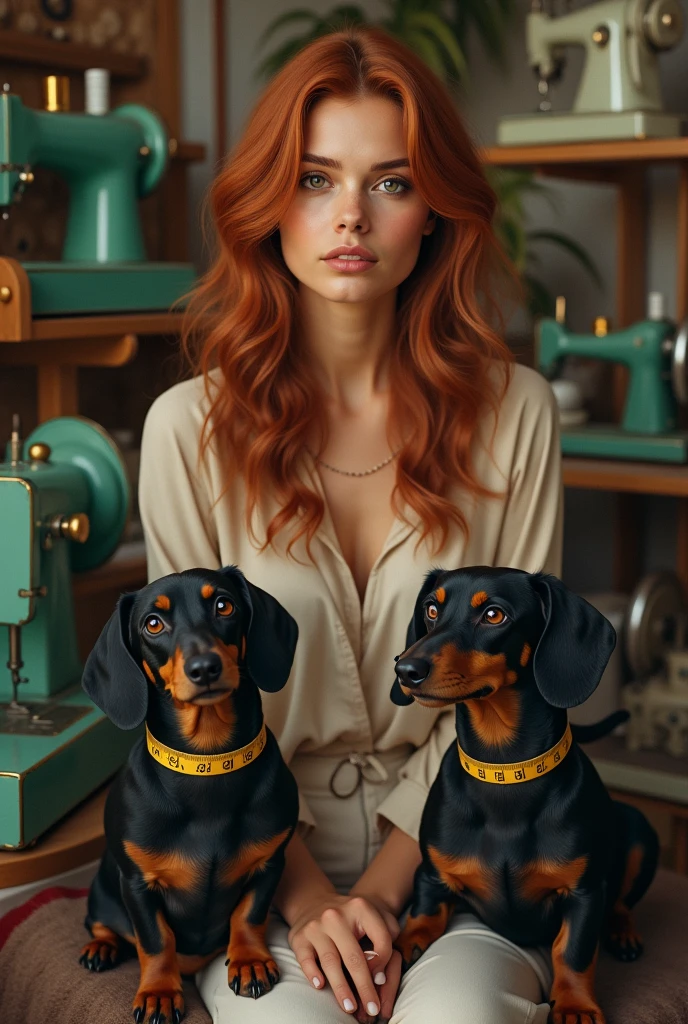 An image of a woman with long wavy medium red hair with brown skin sitting with brown eyes, next to green sewing machines and two black dachshund dogs with a tape measure hanging around their necks but