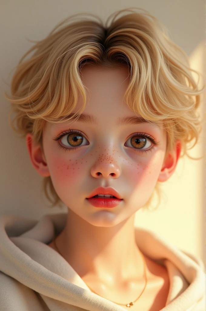 Create an image of Jungkook with blond hair, hazel puppy eyes, freckles, pale skin and a pale pink color on the cheeks
