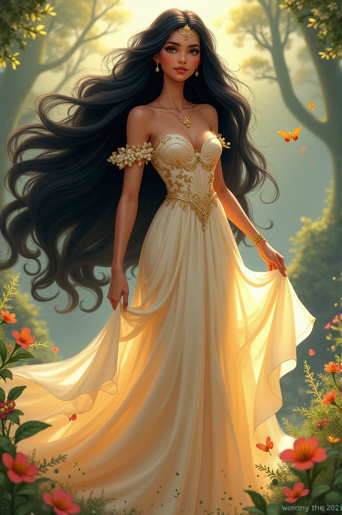 Disney princess with black hair and a light-colored dress with flower and butterfly details, with a strong and free spirit
