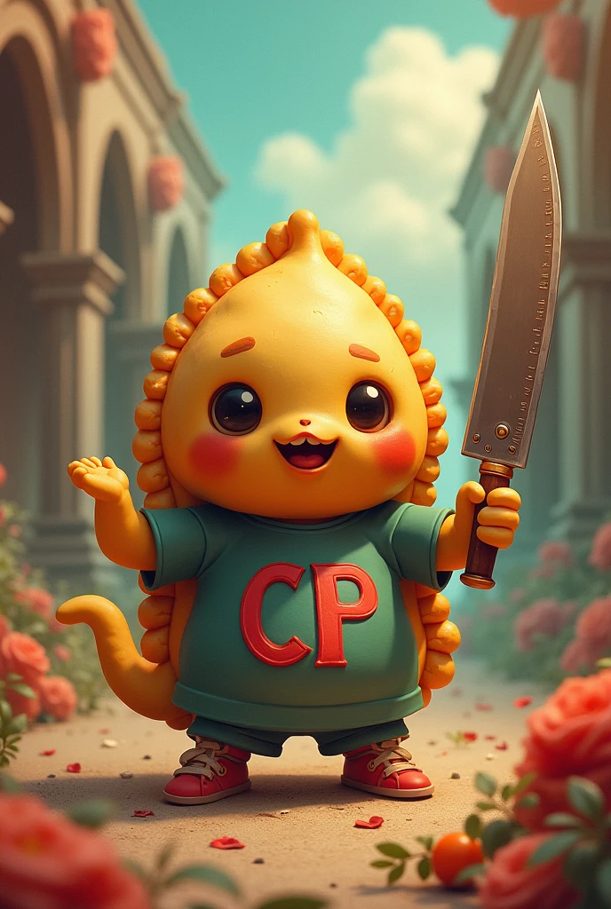 A baby empanada with a machete and with clothes that say "CP Fan"