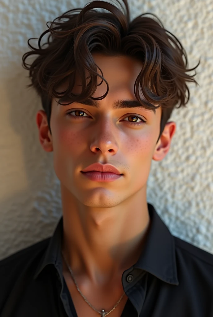 Generate a teenage boy with brown eyes and skin handsome wearing black shirt 