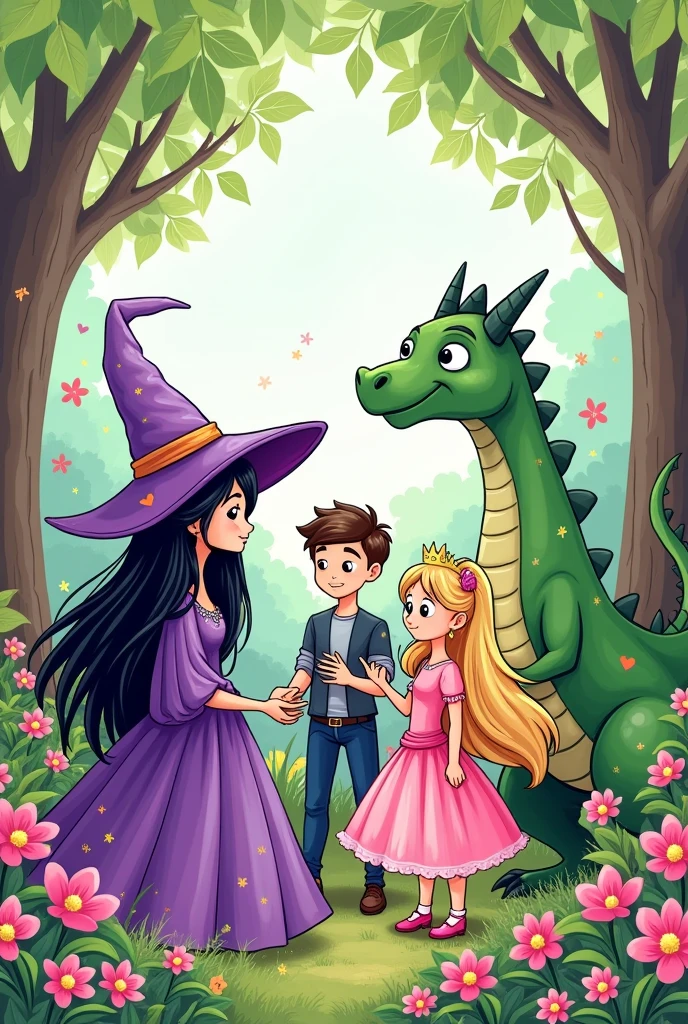 A scene in a flowery forest with a party and a witch in a purple dress and black hair, a brown haired prince, a princess in a pink dress and blonde hair and a green dragon.
Black and white image style, cartoonized minimalist, hand drawing line, for coloring