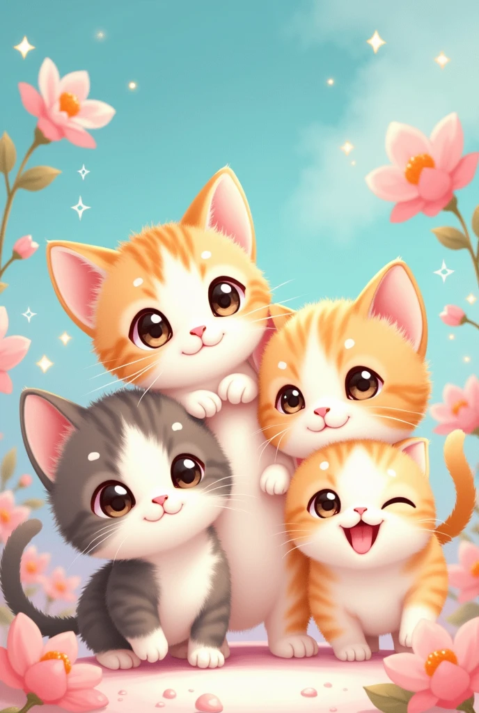 Photo of cute little kittens in cartoon anime style 4 kittens