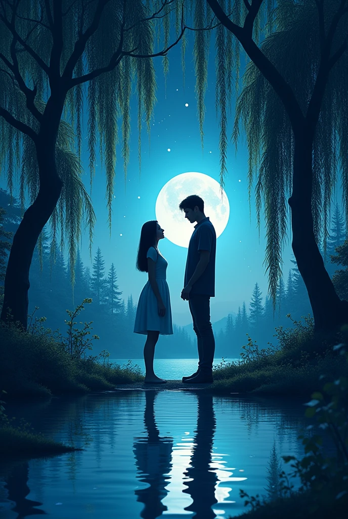 1 girl, 1 boy, face to face, Men are tall, women are short, women straight long hair, casual clothes , poised posture, natural skin
BREAK
Blue sky night, (rim lighting):1.2, cold tones, Moonlight and stars, soft shadows, dark colors , Sharp effect, dreamy atmosphere 
BREAK
Lush forest, willow tree, calm forest, reflection, Moonlit forest, peaceful ambiance, ultra detailed, official art, unity 8k wallpaper
, zentangle, mandala