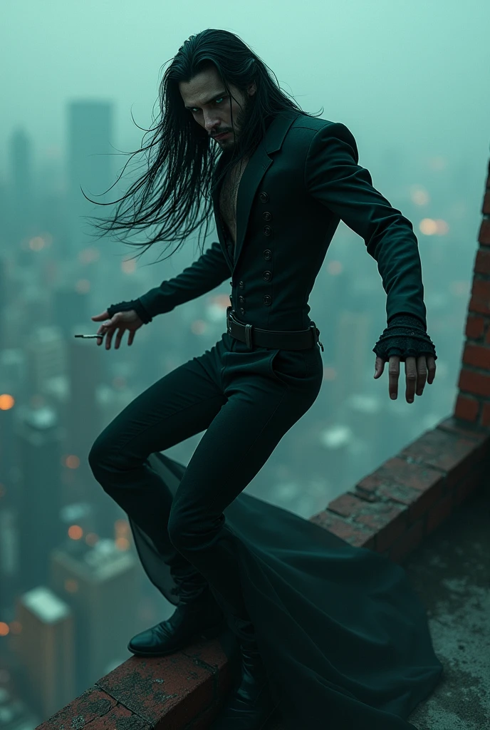 A sexy male with teal blue eyes and long black hair, with a nice and delicate facial features, dressed in gothic clothes, his skin is pale and white, he's smoking a cigarette while dancing on the edge of the rooftop. He looks seductive. 