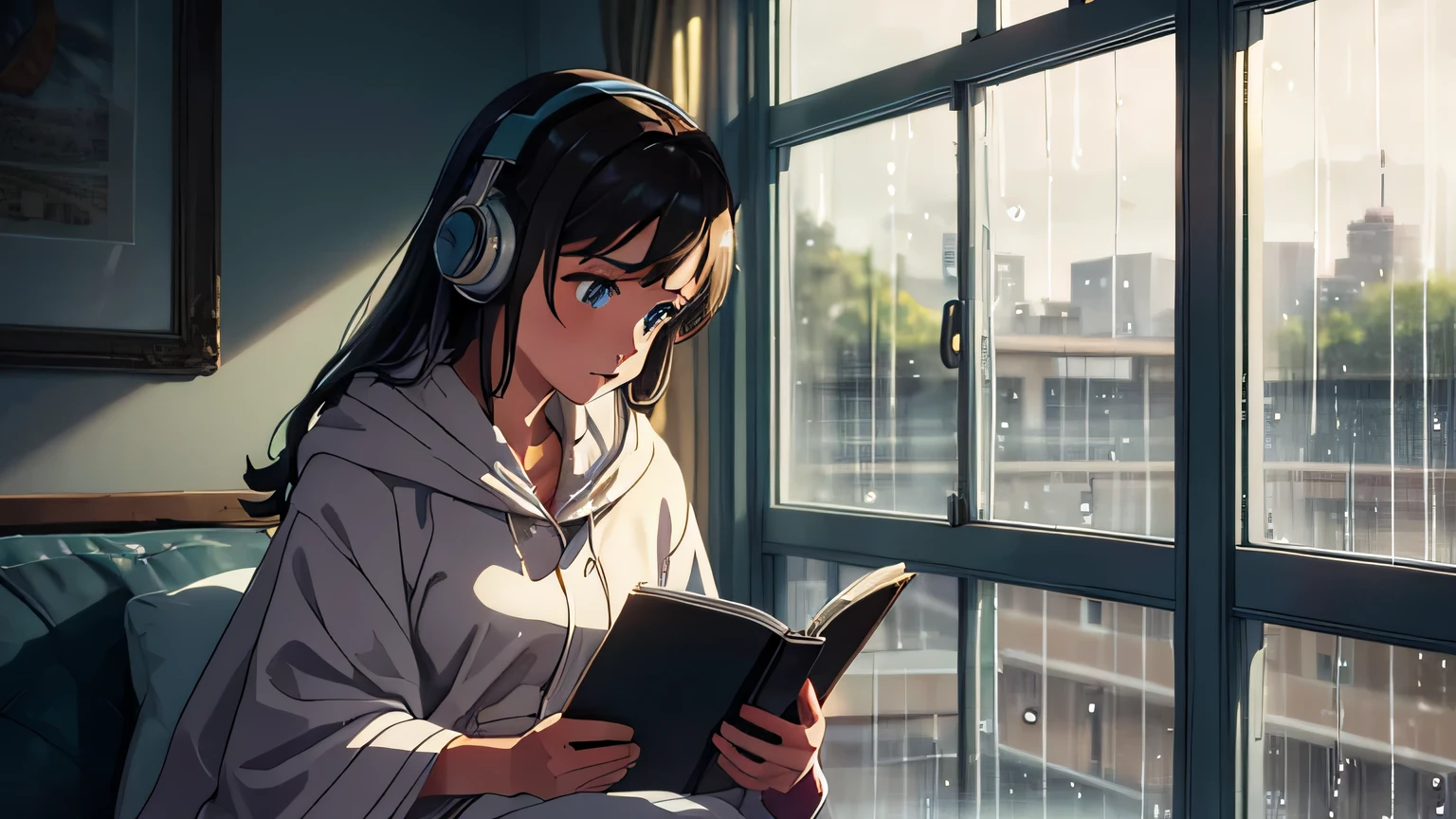 A cute girl with headphones sitting next to a large window, with raindrops running down the glass. She is wrapped in a soft blanket, reading an old book as the soft afternoon light illuminates the scene.