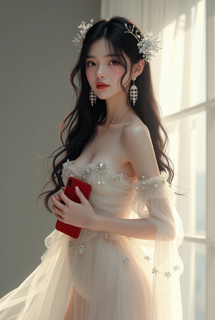dress, bouffont dress, transparent long sleeves, daisies, cherry（(Girl lying in a bush))、Phalaenopsis，Lilac dendrobium、orange lily、White Lily, A beautiful and moving woman, in an elegant pose, her full breasts on display.，Visible cleavage，Sexy long legs，Variety of slim and cute beauties, Her long hair cascades down her shoulders like a waterfall。She smiles radiantly，Eyes sparkle，Her skin is flawless。Her curves are highlighted。Sparkle in the light，The colors are soft，She lay confidently，One hand on hip，Her posture is both graceful and strong。She wears elegant high heels，Goes well with her outfit。In the warm golden sun。The overall atmosphere of the image is tranquil and uplifting，Emphasizing natural beauty and elegance, Studio Lighting,Bright colors, Sweet maiden, sweet smile, make up，shy，Blush，Parted lips，Heavy breathing，moan，Surrealism，Realism，Movie Lighting，Relief，Sony FE GM，Retina，masterpiece，precise，Anatomically correct，Textured Skin，Super Detail，High Detail，best quality，rich and colorful