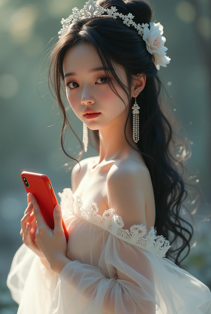 "A beautiful femina girl stands gracefully in a flowing fully covered white net gown, dress covered from neck adorned with a delicate small white stone crown perched on her head. Left hand holds a red color phone near her chest area showing backside of phone and right hand towards down side .Her long black hair cascades elegantly around her shoulders. She wears long heavy white stone earrings that glimmer softly. Her head is cast downward, and she smiles gently, her lips touched with a subtle brown light lipstick, radiating a serene and captivating charm." "Note it that dress covered from her neck 