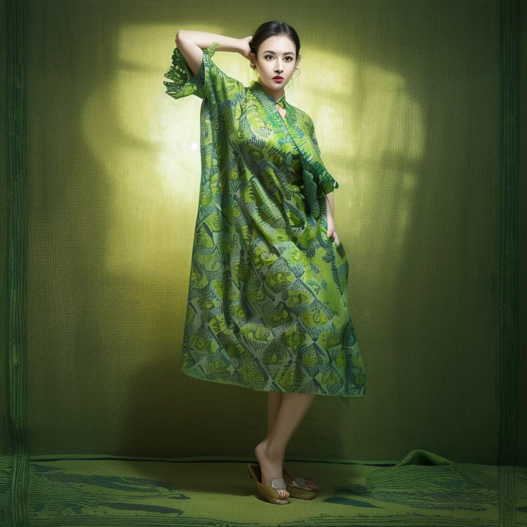 (masterpiece), (best quality), (digital painting), wide shot angle, 1 beautiful woman, thick eyebrows, curled eyelashes, facial details, long hair, Huge breasts, ((green batik shirt, cloth_pattern)), green repeating pattern design, green wear , hips, background, shop street,