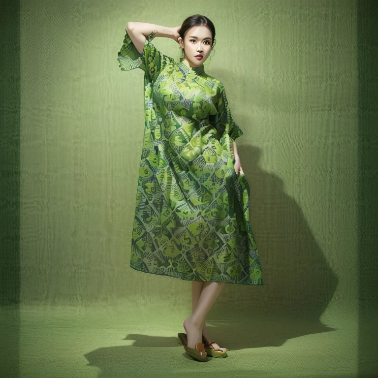 (masterpiece), (best quality), (digital painting), wide shot angle, 1 beautiful woman, thick eyebrows, curled eyelashes, facial details, long hair, Huge breasts, ((green batik shirt, cloth_pattern)), green repeating pattern design, green wear , hips, background, shop street, 