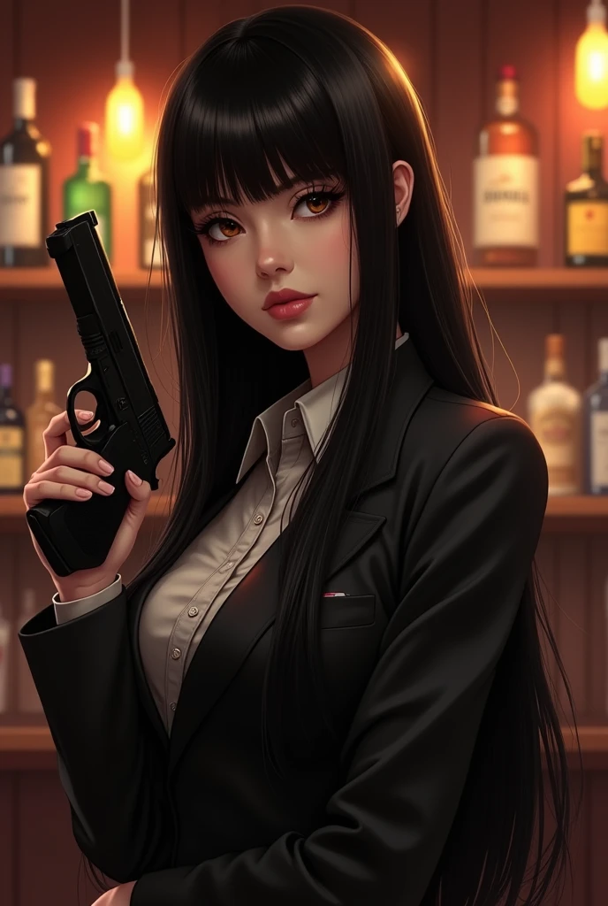 Adult Mafia Girl, Very Beautiful, Long black Hair, straight bangs, brown eyes, wears a suit, at a bar, holds a gun