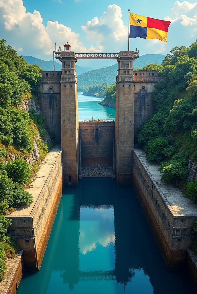 3D poster of the Panama Canal Miraflores Locks, with the Flag of Panama and behind or to one side Panama La Vieja