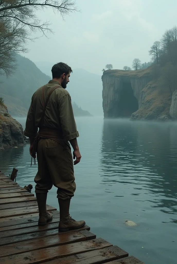 A man from a dock looking towards a distant cave. The man is dressed as a peasant and the cave is further away.
