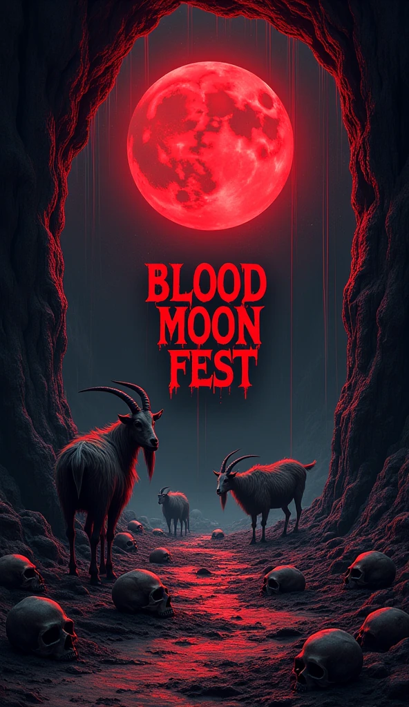 flyer for metal event Scary cave with skulls on the floor, goats and with a red moon and on the wall is the phrase Blood Moon Fest