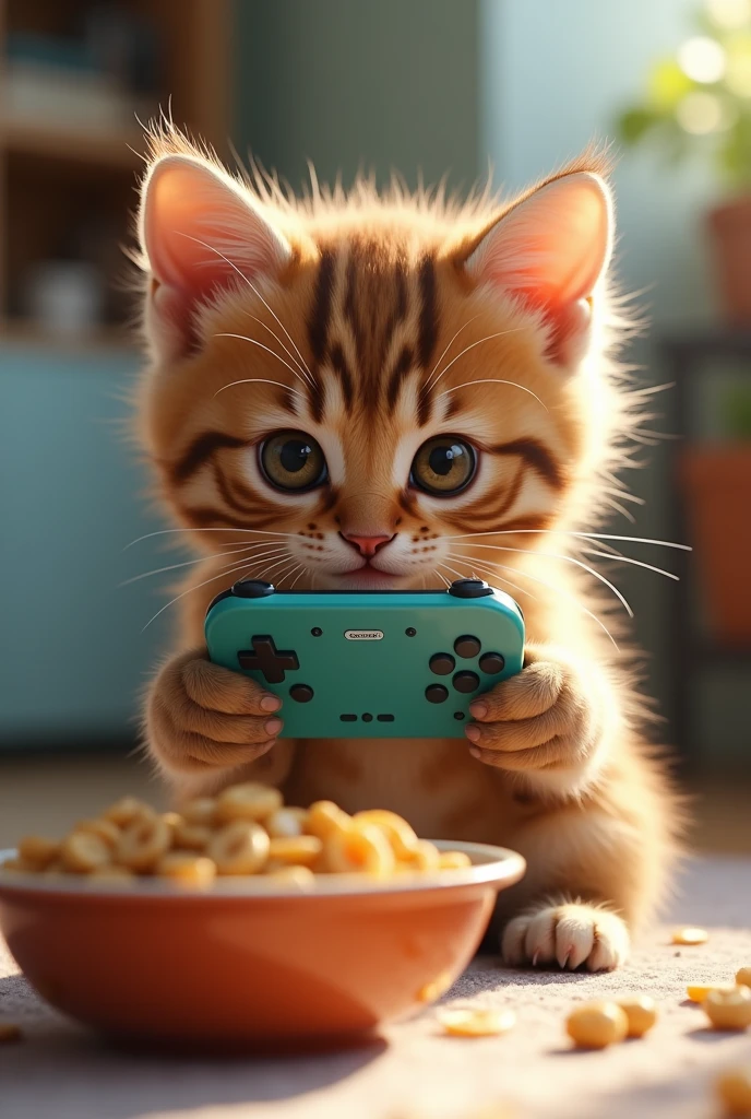  cat with brown eyes playing fortnite and eating cereal
