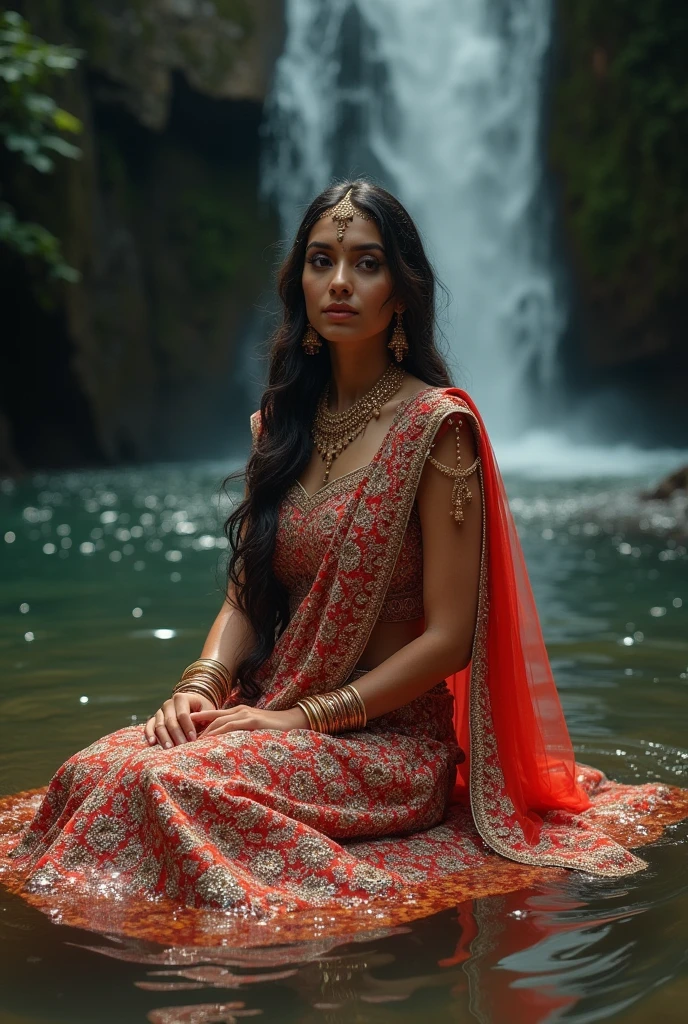 A beautiful Indian woman wearing a rich, ornate bridal lehenga, intricate embroidery, jewelry, sitting in the water in a river, next to a waterfall, gorgeous lady, cute woman, gorgeous woman, in the water, gorgeous female, in a river in the jungle,dramatic lighting, cinematic composition, hyper-detailed, photorealistic, muted color palette, oil painting style