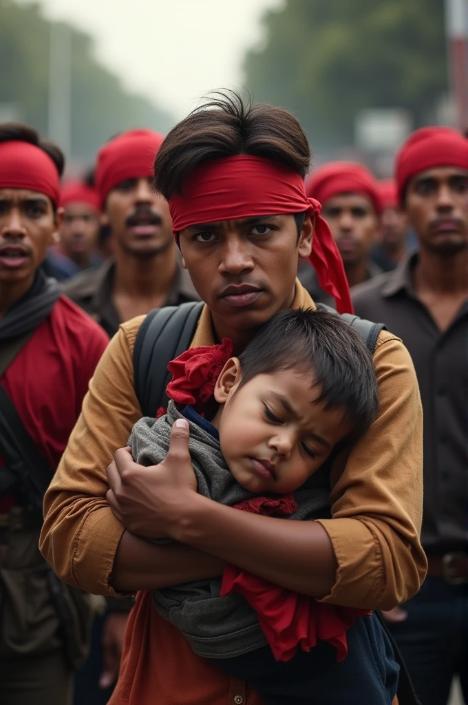 It is a protest performed by students of Bangladesh putting red headbans on and they all are angry with one guy having a sleeping boy on his hands