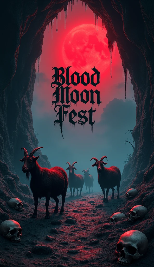 flyer for metal event Scary cave with skulls on the floor, goats and with a red moon and on the wall is the phrase Blood Moon Fest 