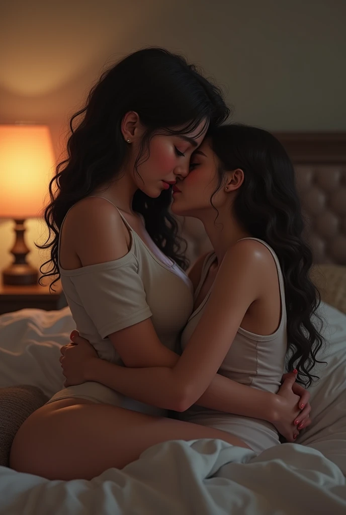 A slightly fat girl holding her girlfriend on her lap, on her lap long curly hair 