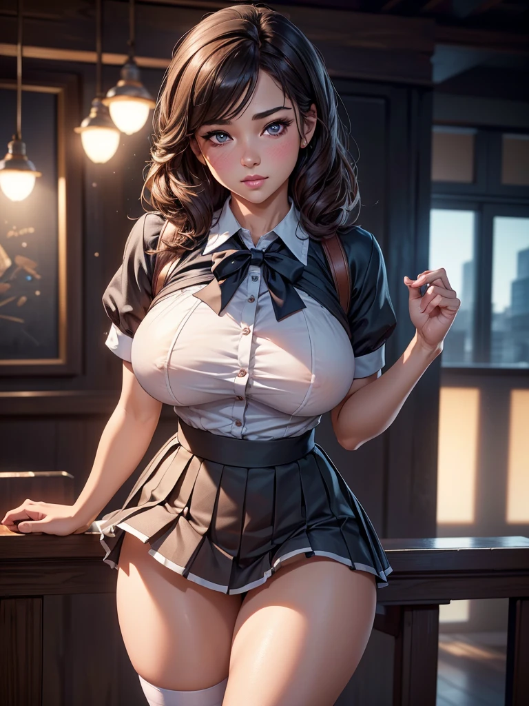 a beautiful school girl, 1girl, blushing, raising her skirt, cute white panty visible, buttocks, detailed face, detailed eyes, detailed lips, long eyelashes, intricate uniform, tight  bust, pleated skirt, thighs, (best quality,4k,8k,highres,masterpiece:1.2),ultra-detailed,(realistic,photorealistic,photo-realistic:1.37),HDR,UHD,studio lighting,ultra-fine painting,sharp focus,physically-based rendering,extreme detail description,professional,vivid colors,bokeh,photorealistic,elegant,cute,charming