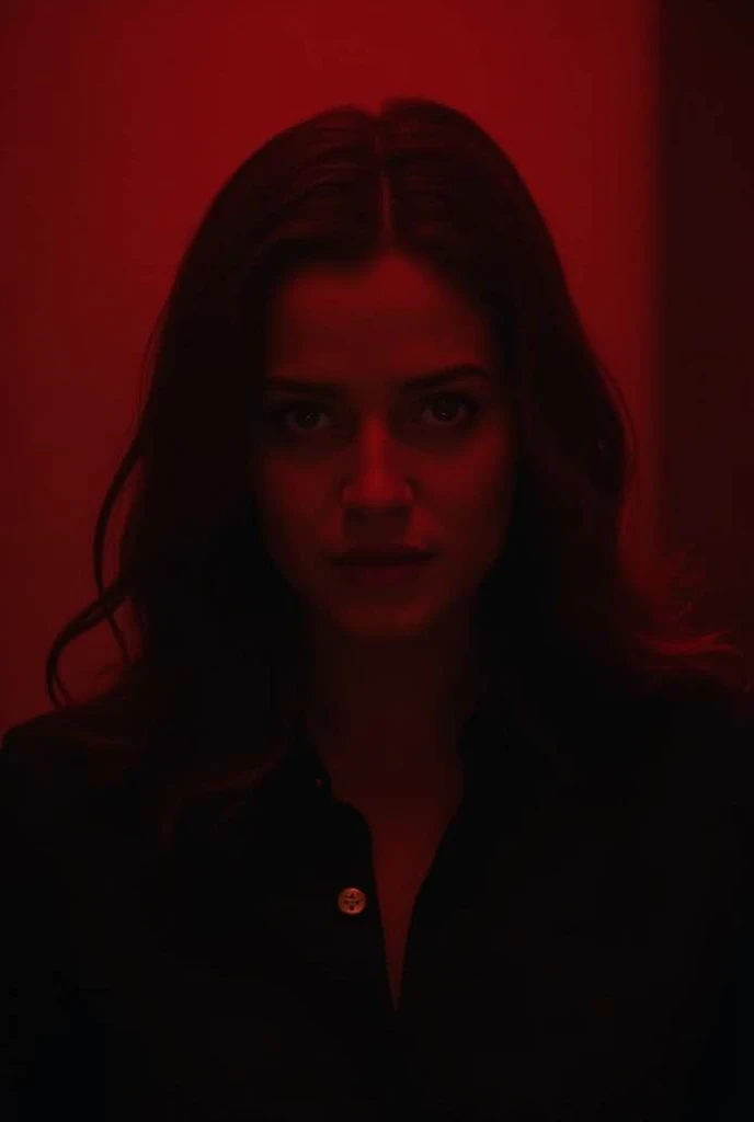 a woman in the middle with panic and fear, looking towards a mansion full of darkness and red lights that generate chills
