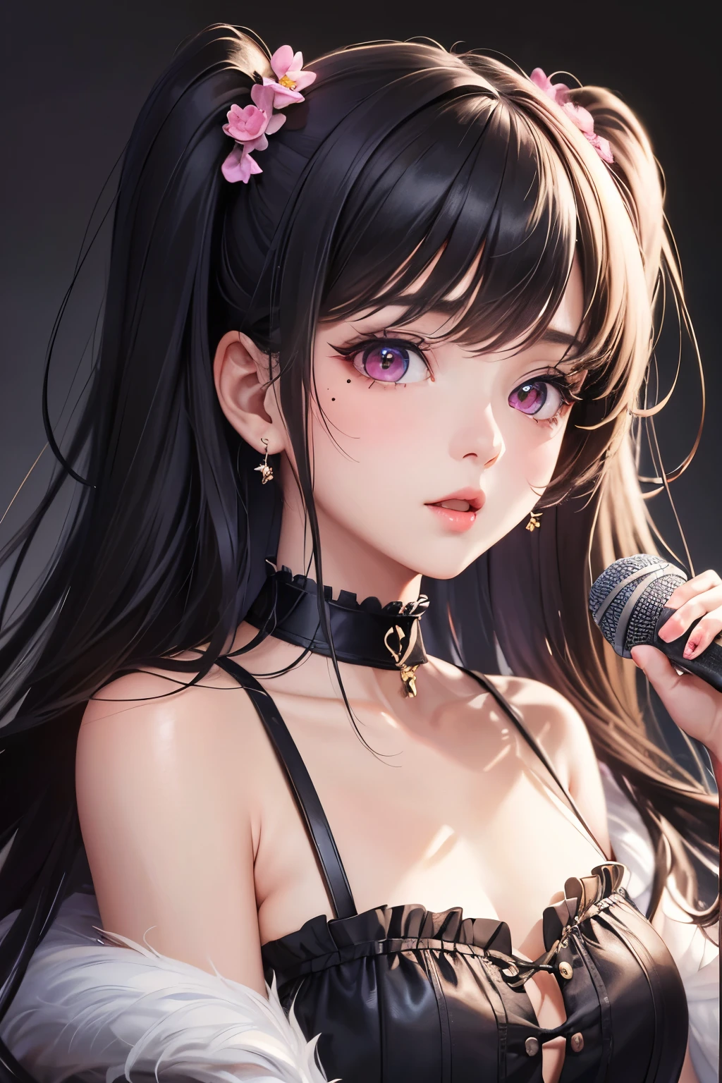 masterpiece, best quality, highly detailed, high resolution, expensive resolution, high resolution, 4K, 8k, Unity 8k wallpaper, highly detailed CG, masterpiece, 2D, 3D, beautiful details, depth, fine texture, best quality: 1.3, perfect focus, crisp skin, him, very cute, 20s girl, idol, holding a microphone and singing, short twin tails, mole under eye, looking at the viewer, expensive, blush, mole, open lips, heart shaped choker, pink eyes