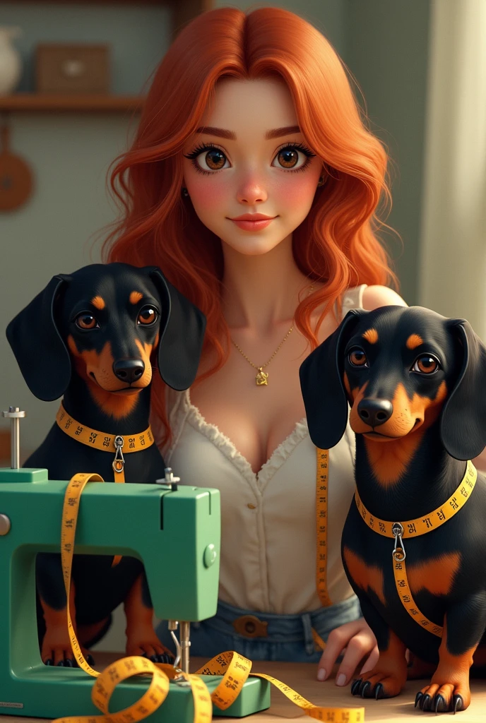 An image of a woman with long wavy medium red hair and brown skin, round face sitting with brown eyes, next to green sewing machines and two dachshund dogs, one all black and one black with caramel, with a tape measure hanging around the necks of the woman and the dogs