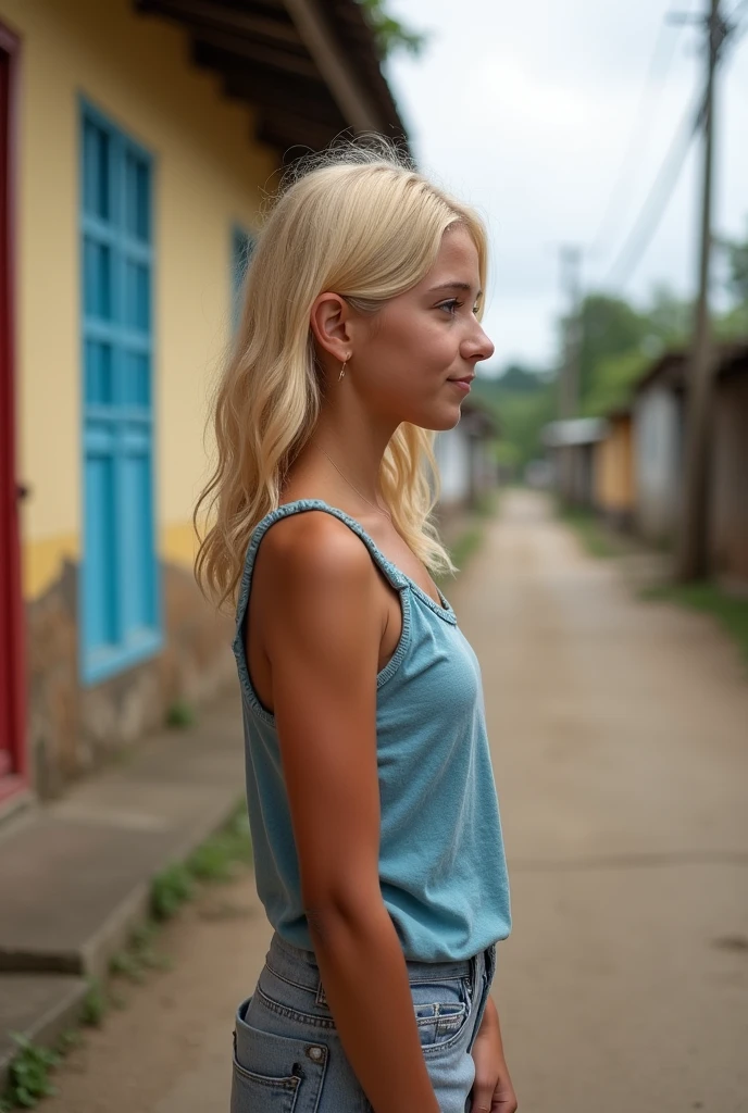 blonde girl, medium tits, big and nice ass. standing, Profile, on the sidewalk of a poor neighborhood in Nicaragua. Without blurring the background