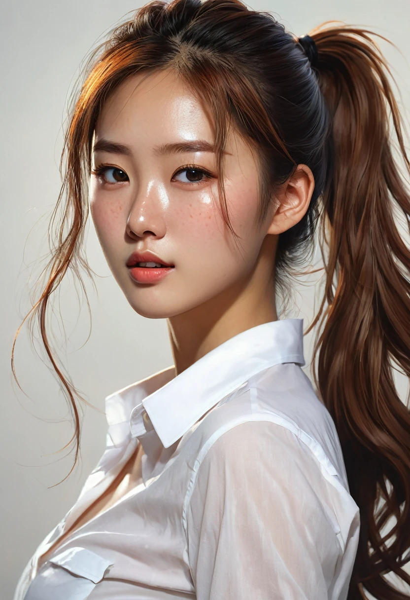 closeup of a Breathtaking hot korean school girl wearing a unbuttoned tight white shirt with long dynamic hair in a messy ponytail , tan honey skin, perfect skin, black eyeliner , long eyelashes, soft skin, slight freckles, defined cheek bones, high cheek bones, round face, cheery, blushing, magic mist, digital painting, digital illustration, extreme detail, digital art, 4k, ultra hd, Anna Dittmann, greg rutkowski, alyssa monks, hyperrealism, trending on artstation, by Egon Schiele, gustave dore, david mann, vintage photography, beautiful, tumblr aesthetic, hd photography, hyperrealism