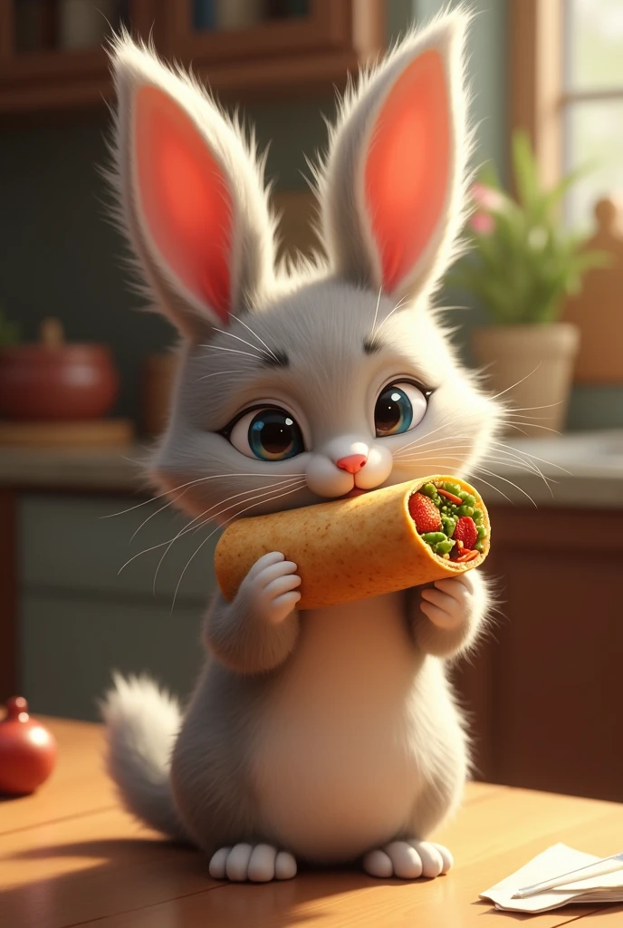 cat with bunny ear eating a burrito
