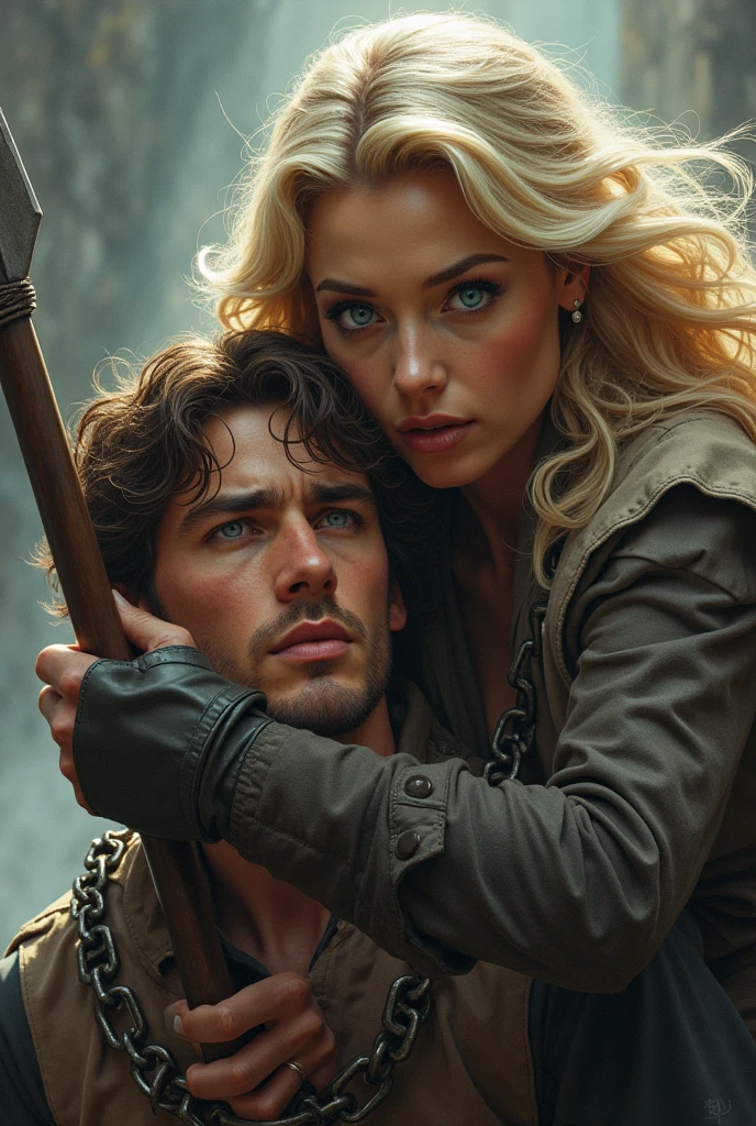 A blonde woman subduing a young but older brown-haired man, with a little beard threatening him with a spear. The woman has light blue eyes and the man has brown eyes.. The man holds some chains around her 