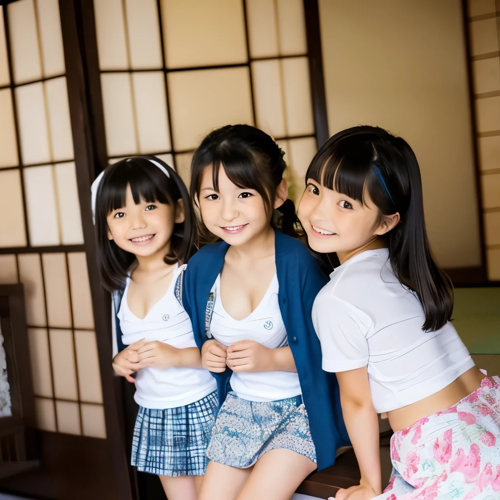 (((3 cute japanese girls))), 8--old,all crt and short skirt, Big Breasts, Baby Face, Small chort arms, Leaning forward, Exposing cleavage, alone, smile