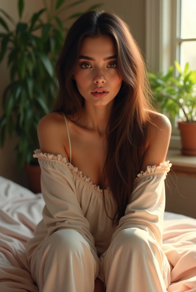 beautiful Pakistani in glasses woman, sitting on bed, wearing loose off-shoulder top, pajama pants, long straight hair, indoors, soft lighting, plants in background, window with sunlight, cozy room, relaxed pose, realistic, intricate details, warm colors