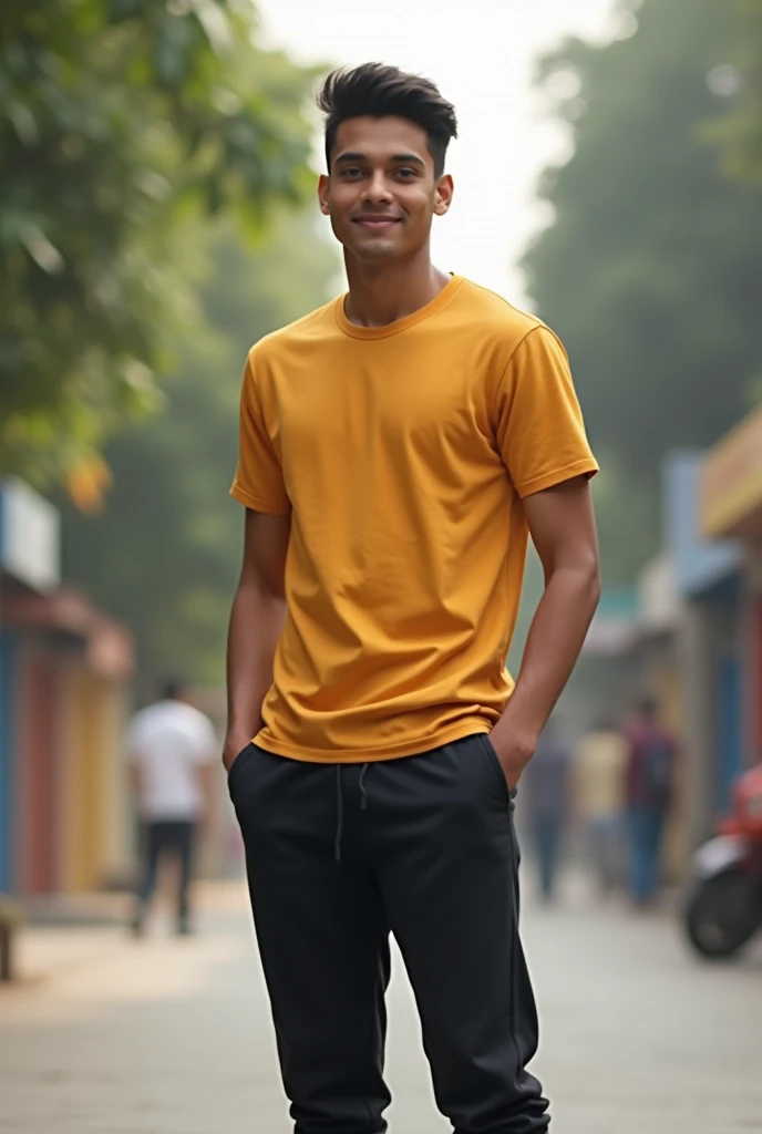 21 year old India boy joggers black colour jeans and eggnog colour shirt simple