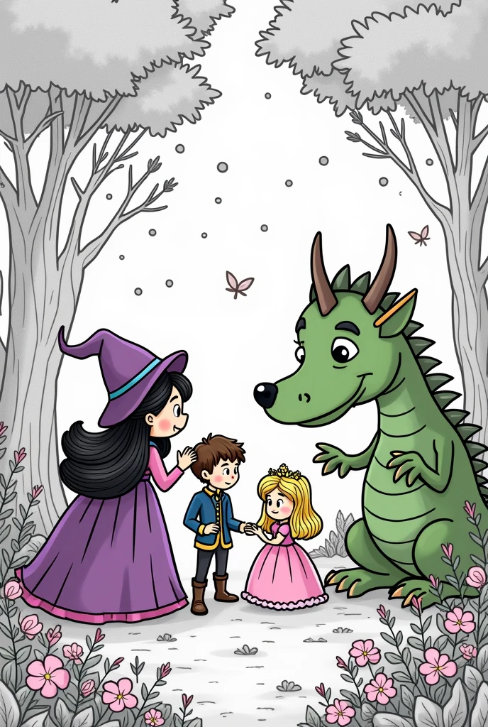 A scene in a flowery forest with a party and a witch in a purple dress and black hair, a prince with brown hair and prince clothes, a princess in a pink dress and blonde hair and a green dragon.
Black and white image style, cartoonized minimalist, hand drawing line, for coloring