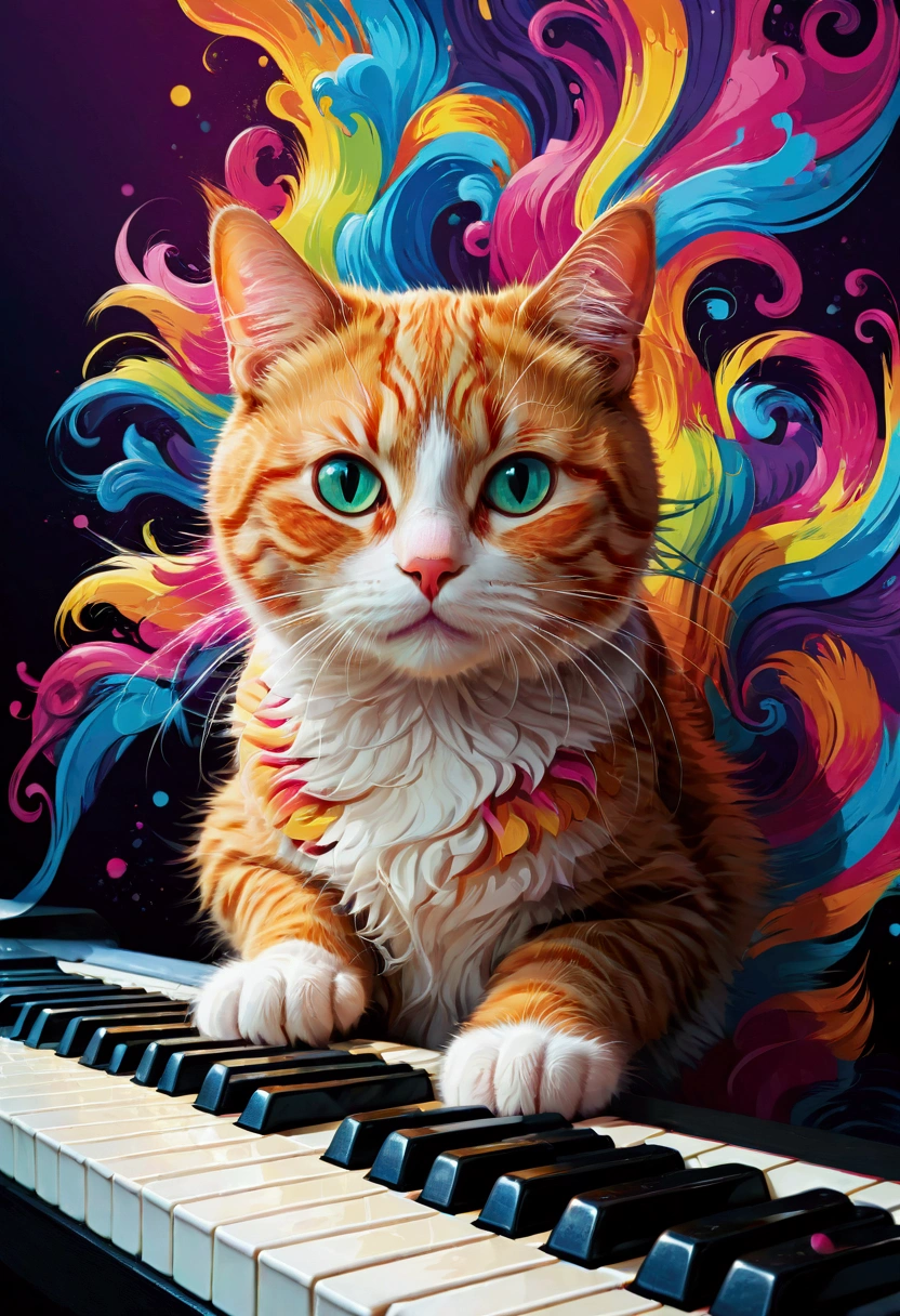 1cat, Meme, Keyboard Cat, cute cat, cartoon cat, funny cat, cat playing keyboard, colorful background, digital art, vector illustration, vibrant colors, bold colors, whimsical, humorous, meme style, internet culture, pop art, (4k,8k,highres:1.2), ultra-detailed, masterpiece, best quality, very aesthetic, absurdres