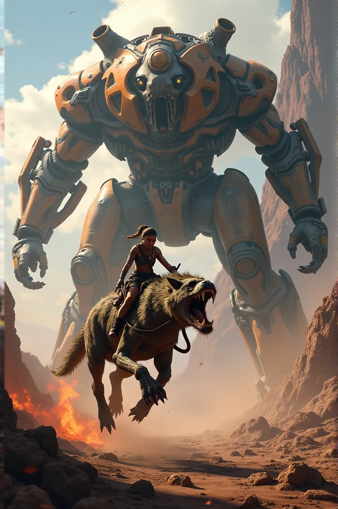 Aloy rides on Thunderjaw to fight Horus. forbidden west burning shores umgebung