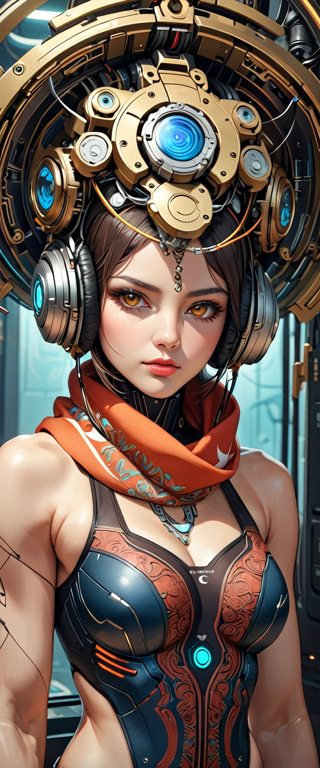 (masterpiece:1.2,Highest quality,Ultra-high resolution,Super detailed),(Best illustrations),8k,wallpaper,(Written boundary depth),(Sophisticated lighting:1.2),BREAK(1 female),(turkish woman:1.6),(Wearing a scarf on her head:1.6),(front:1.6),(The background is a colorful and beautiful arabesque pattern.) full body, full length ,Electronic Systems On-Head Humanoids |Cyborg Woman| With a detailed brain that you can see| With a delicate heart that can be seen| Muscle Detail Wire | Realistic Skin| Biopunk| Cybernetics | Cyberpunk | Canon M50| 100mm| Sharp Focus | Gently| Hyperrealism | Very detailed| Intricate Details | Vascular Expression | Telegraph, (( full body)), (( full-length))