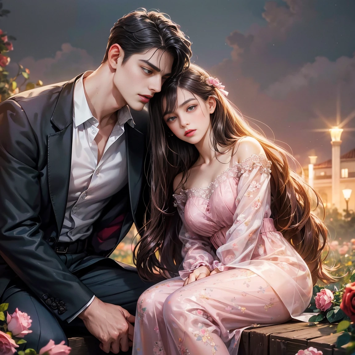 Night Flower Garden,Woman in pink evening dress，Long, straight, dark brown hair. ,Couple hugging from behind，Short black hair for，handsome，A young woman with long, wavy black hair，black dress,footpath ,The lights are dim.,Half body 4k,35 year old man ,Strong, broad chested ,Big one,Taller men,Not full.
