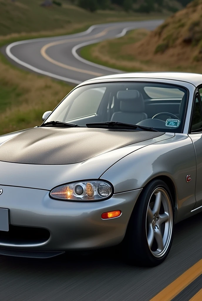 Sliver 2003 miata with a carbon fiber hood
