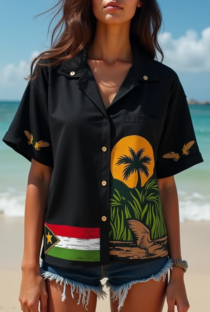 An all-black blouse with the Maranhão state flag on the chest, the wise-of-the-beach bird on the bottom side of the blouse, and on the sleeve details of the reggae flag