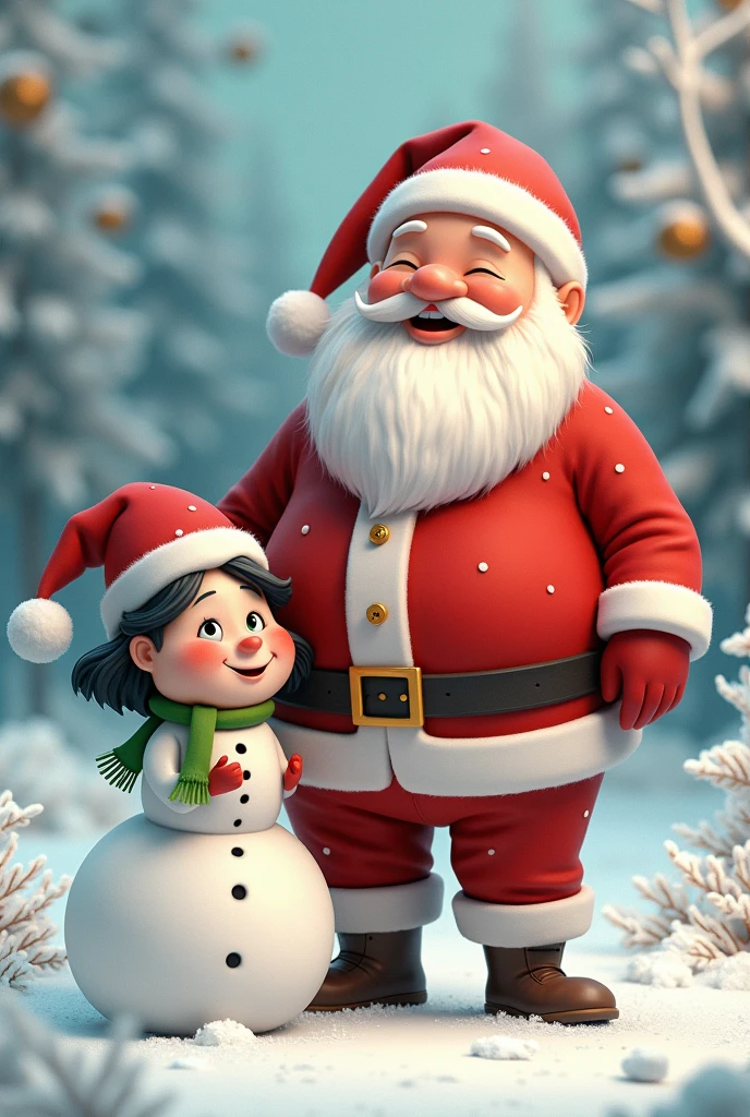Santa Claus with his chubby wife black hair, Green brown eye color,
Snowman,