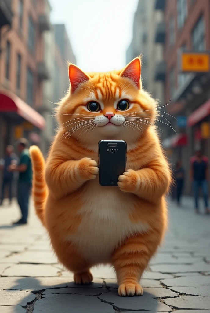 Fat orange cat walking on the street with cell phone in hand