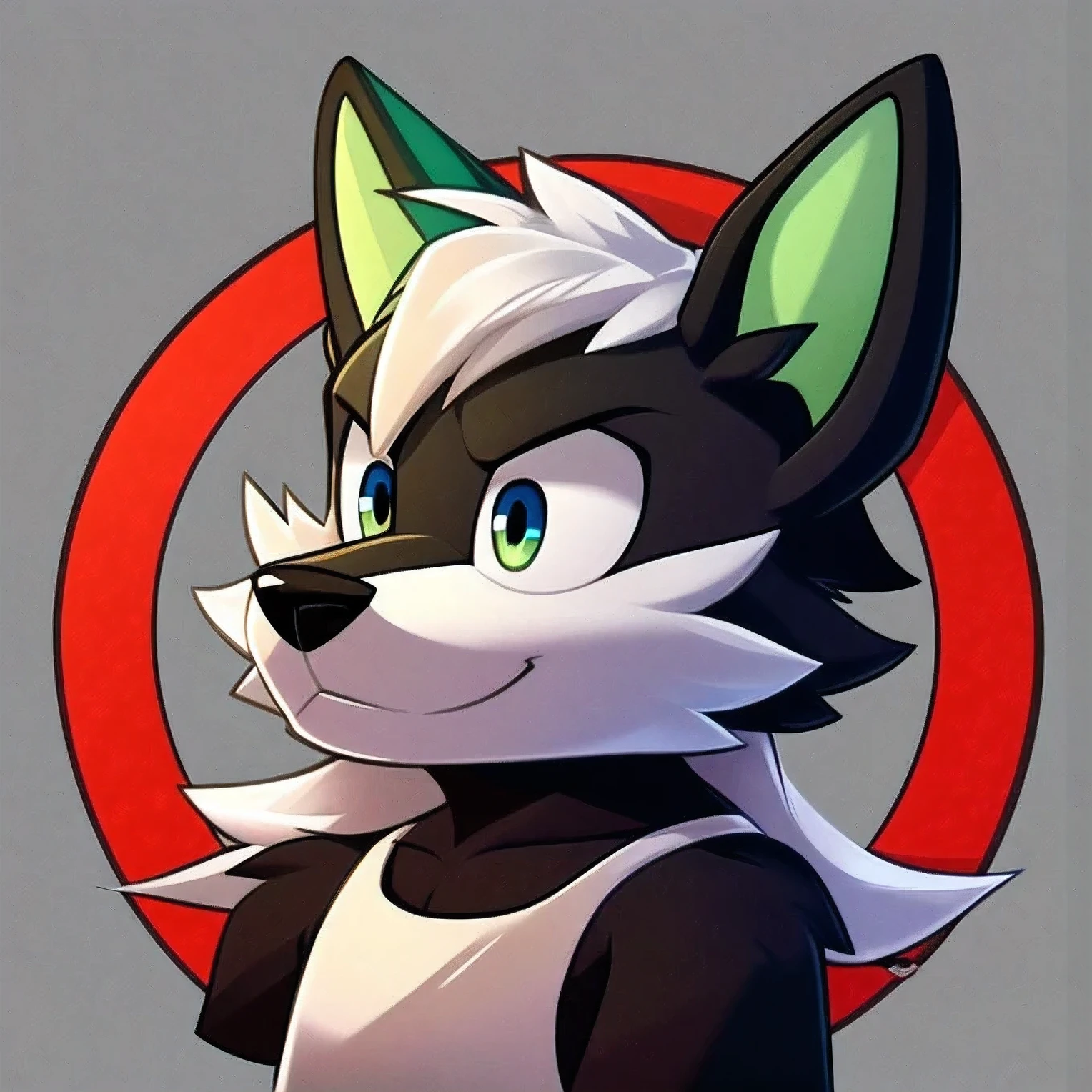 A black furry wolf with green ears and white hair between its ears and on its chin.. His eyebrows are circles and lines under his eyes.. wearing white leather clothes