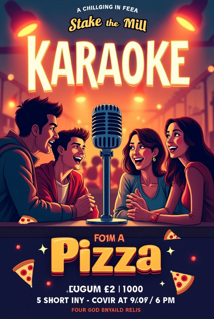 Poster for an invitation to a karaoke night with pizza with the title TARDE KARAOKE JAS With the following information Date: Saturday, August 17 Time: 4:00p.m. 
place: Stake the mill