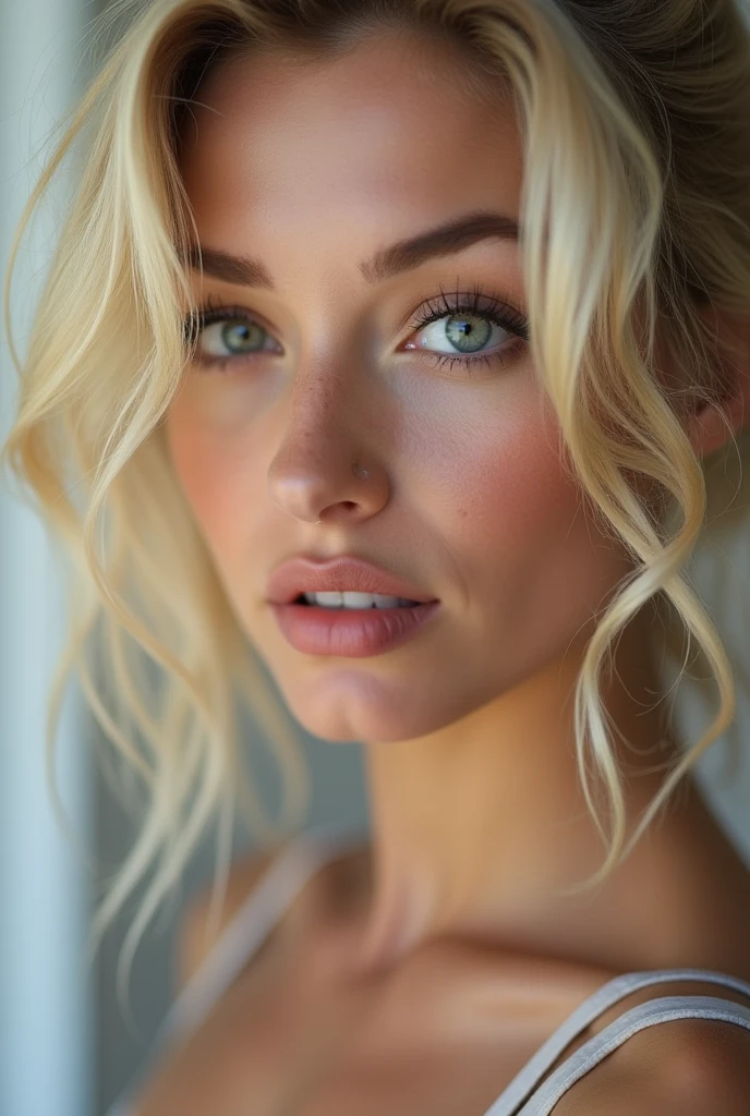 1woman, (realist:1), Perfect beautiful face, Whole body, sexy position, naked, lewd expression, reddened complexion, piel bright, 3 up, Beautiful, bright, Refreshing and soft appearance, short blond hair, Hermoso flequillo bright, very beautiful 24 year old girl, so perfect and beautiful, Clear, sky blue eyes, very big breasts, happy,