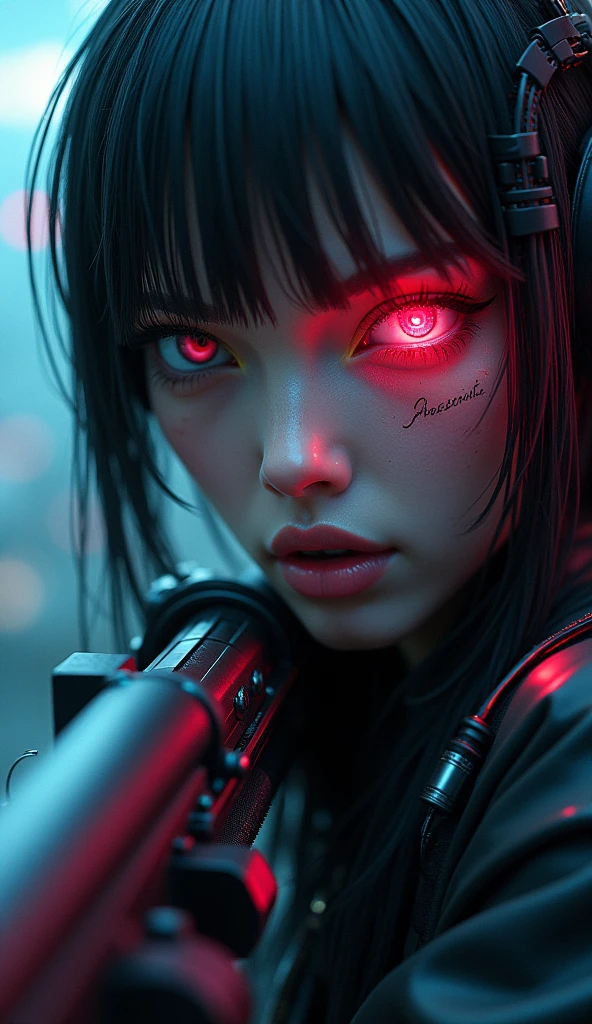 (ohwx woman), (best quality,8K,highres,masterpiece:1.2), ultra-detailed, realistic, photorealistic:1.37, full body shot, cyberpunk woman sniper, cyberbody, cablelink from one cybernetic eye is connected to sniper rifle, realistic full body shot, dynamic, extremely detailed eyes and face, beautiful detailed lips, longeyelashes, intricate machinery, sleek futuristic design, neon lights, moody lighting, cinematic composition, dramatic camera angle, vivid colors, photorealistic, 8k, best quality