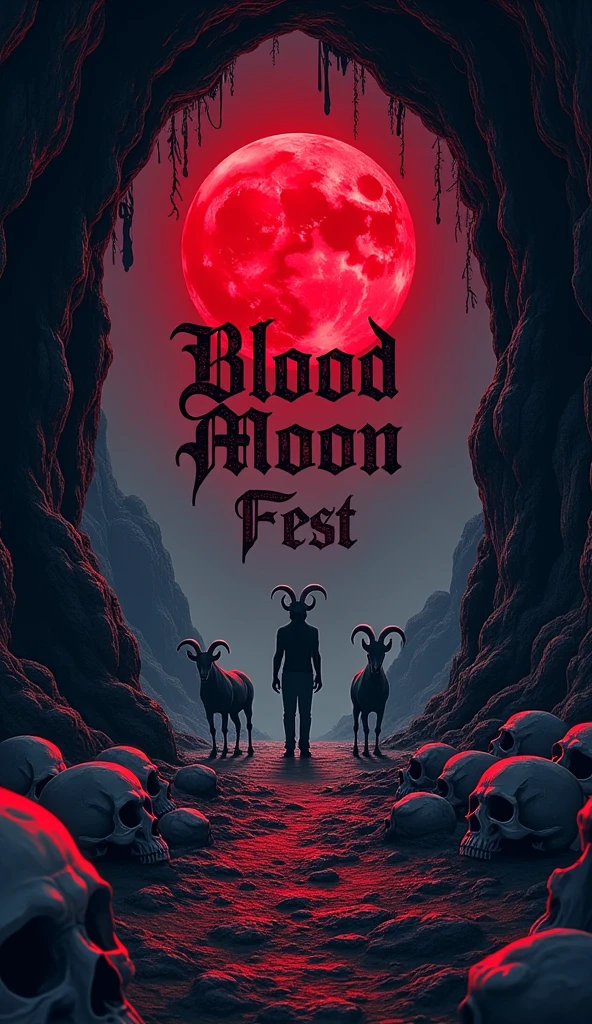 flyer for metal event Scary cave with skulls on the floor, goats and with a red moon and on the wall is the phrase Blood Moon Fest