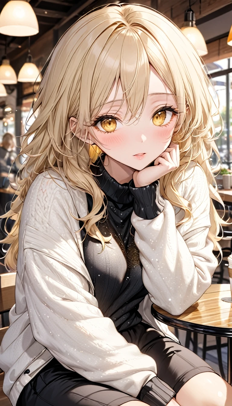 best quality, super fine, 16k, incredibly absurdres, extremely detailed, 2.5D, delicate and dynamic depiction, beautiful woman, amorous and lewd expression, light brown messy wavy hair, light blonde hair, yellow eyes, make-up, wearing loose fitting black summer knit sweater and long sweatpants, white fur jacket winter, sitting in cafe, sparkly fluffy effect, portraits, prime lenses, lens filters, clear subject, seductive posture 